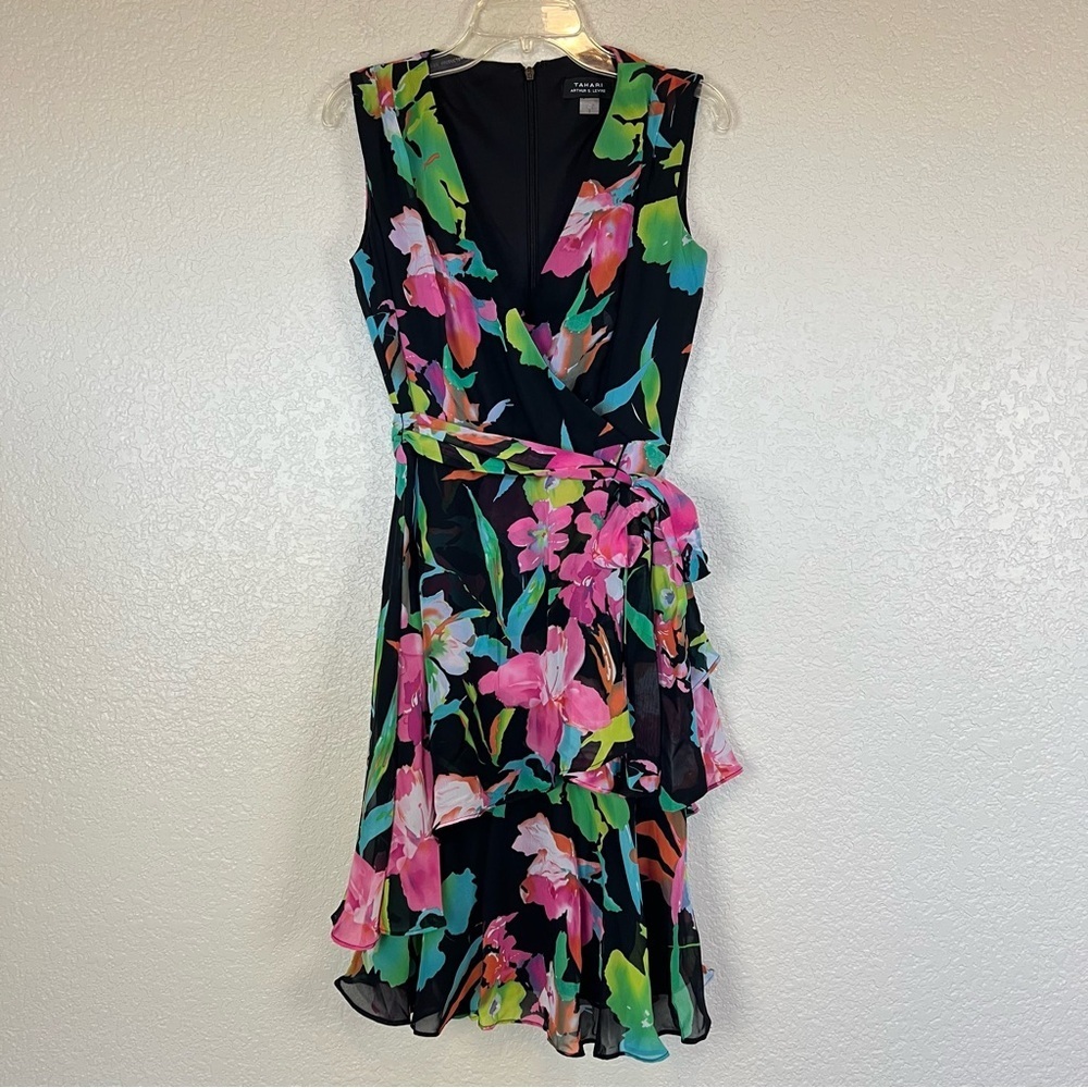 Tahari ASL Chiffon Floral V Neck Flutter Sleeve Ruffled Midi Dress Size 2